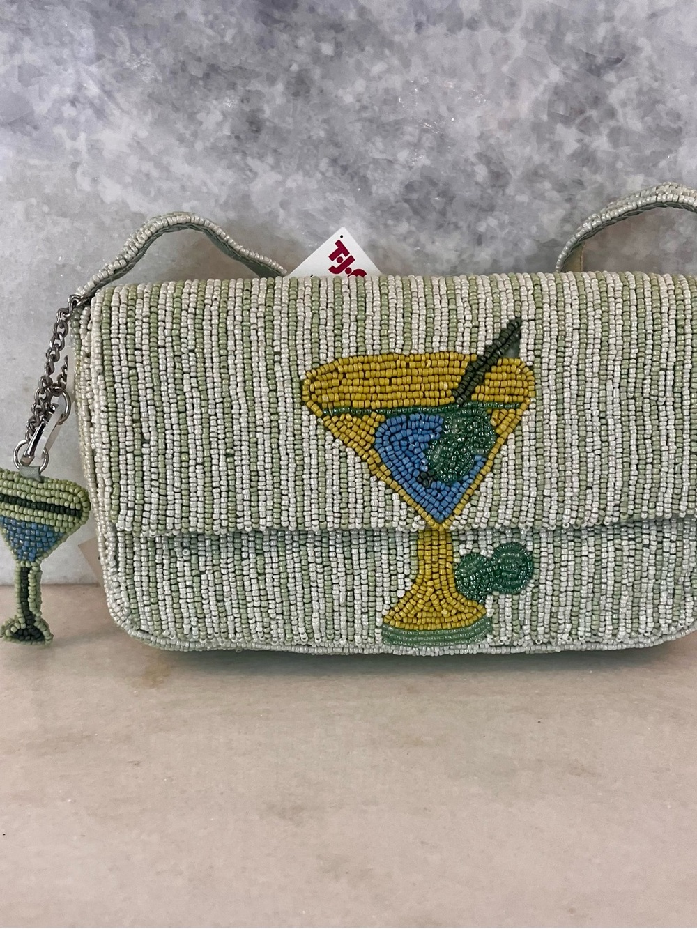 Beaded shoulder bag with martini theme & matching bag charm BNWT viral purse